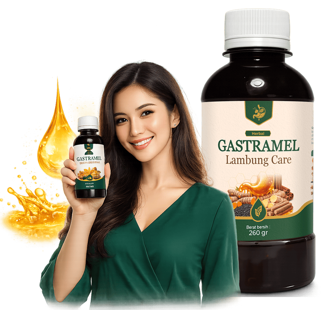 Wanita memegang Gastramel madu herbal lambung